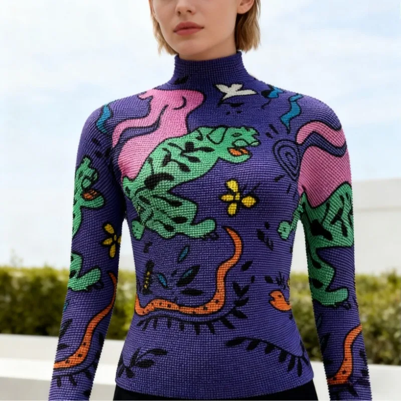 

Европейская плиссированная футболка с длинными рукавами и принтом Miyake, женский новый пуловер, нижняя рубашка, эластичная тонкая блузка, тонкая женская 2026