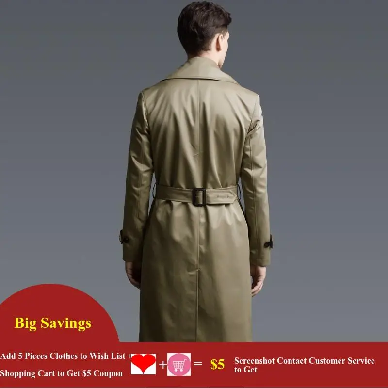 British Style Men Double Breasted Long Trench Plus Size Spring Autumn Casual Windbreaker Slim Khaki Waterproof Classic Trench