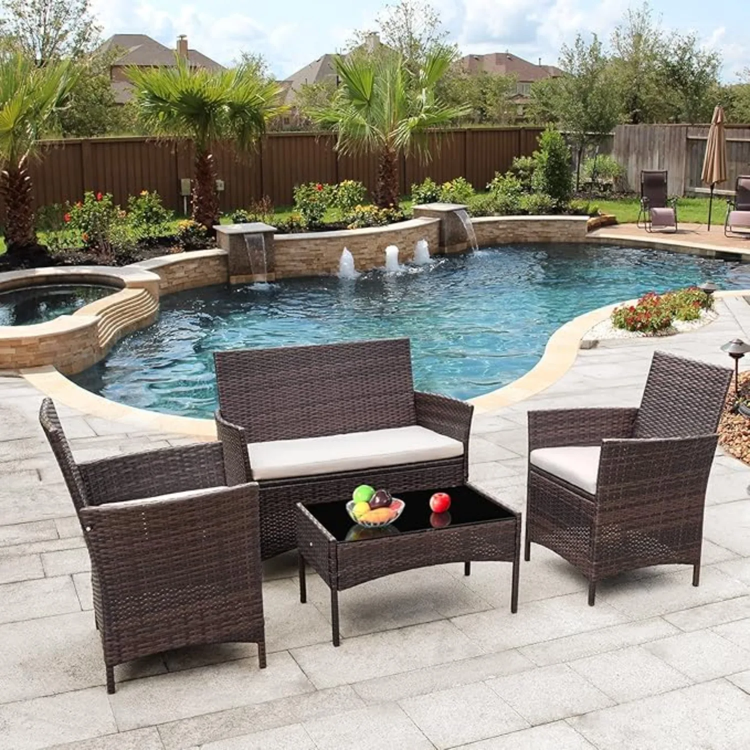 

Outdoor Furniture Patio Set Cushioned PE Wicker Rattan Chairs with Coffee Table 4 PCS for Garden Poolside Porch Backyard Lawn