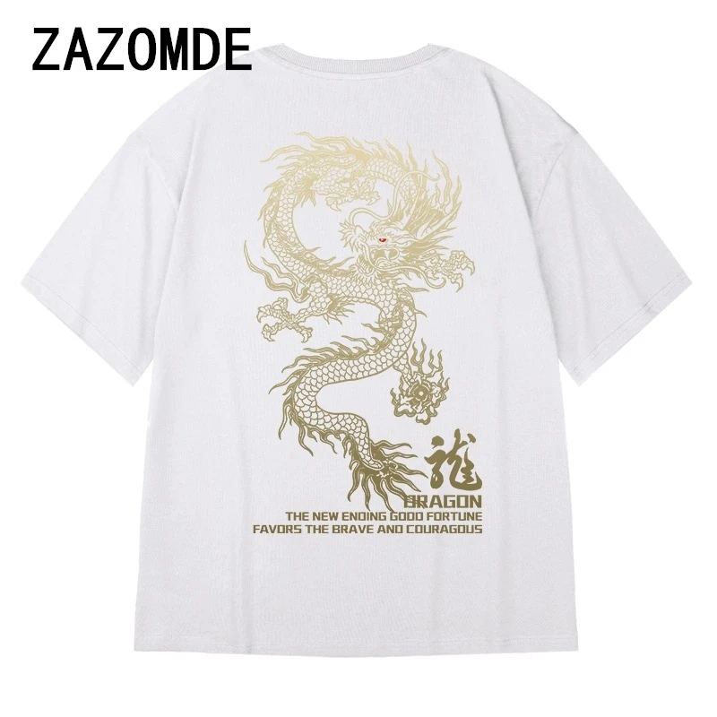 ZAZOMDE Chinese Loong Pattern T Shirt Summer Cotton Man Print Short T Shirts Hip Hop Men Women Beach Anime Clothing Tops Tees