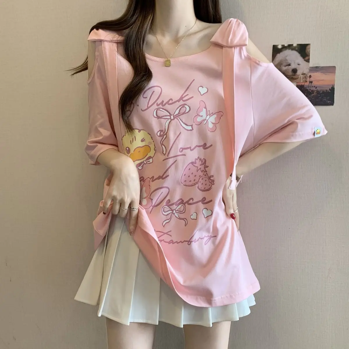 Summer Large-size Women's Clothing New Sweet Wind Loose and Thin Printed Bow Off-the-shoulder Short-sleeved T-shirt