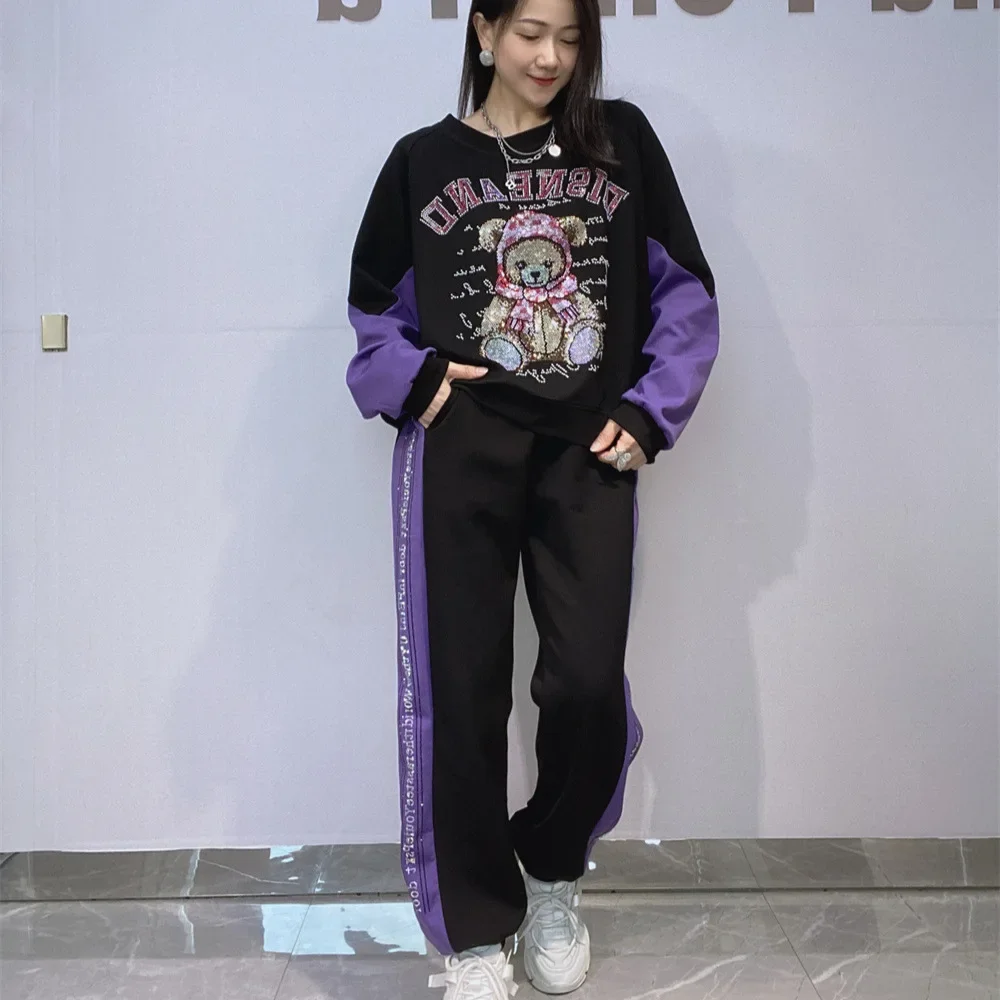 

Большие комплекты из двух предметов, женские наряды с мультяшным медведем и бриллиантами, повседневные вязаные брючные костюмы с круглым вырезом в стиле пэчворк, женский спортивный костюм