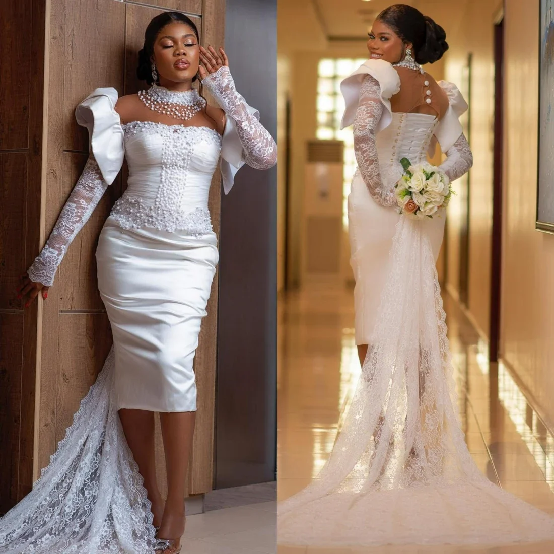 Maßgeschneidertes glitzerndes Perlen-Hochzeitskleid mit hohem Kragen für die Braut Robe De Mariée, Meerjungfrau-Spitze, volle Ärmel, Brautkleid