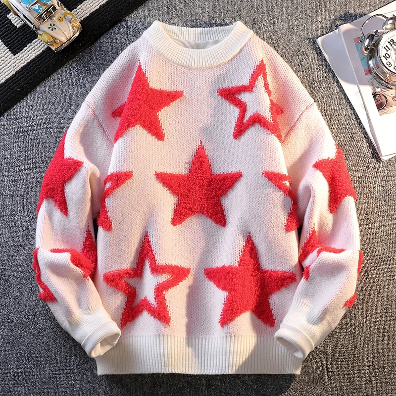 

Fashion Oversized Lazy Style Sweater For Men Star Design Round Neck Knit Pullover Casual Loose Fit Top Oversized Sweater