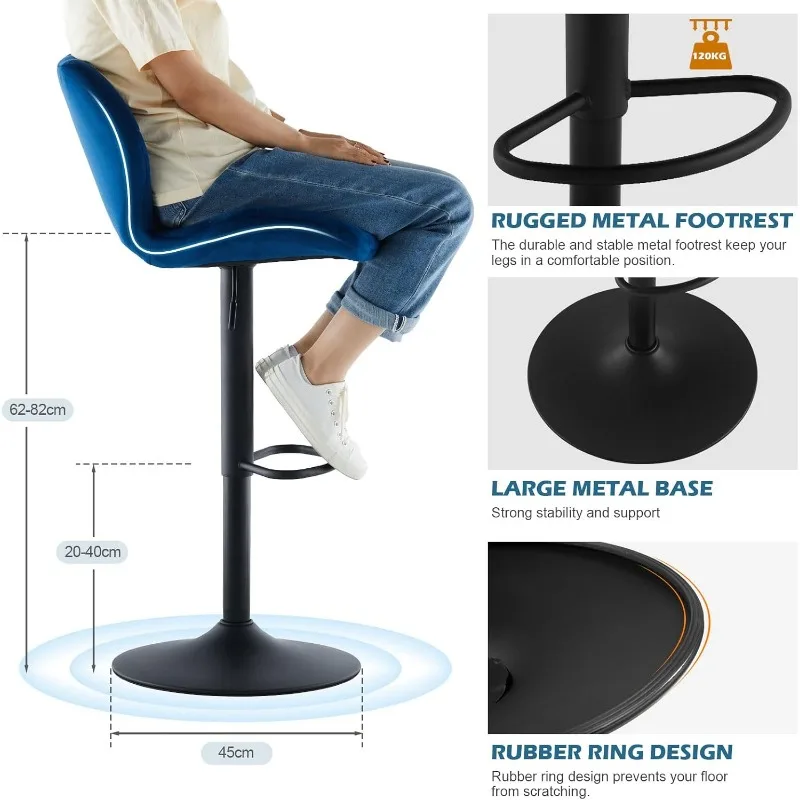 Conjunto de 2 bancos de bar, bancos de bar com altura de balcão, base grande, cadeiras de bar estofadas giratórias ajustáveis com encosto e apoio para os pés