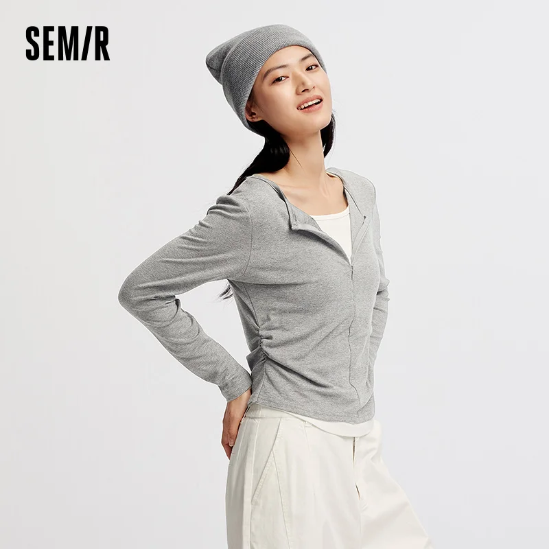 Semir Women T Shirt Cool Touch Slim Fit Mock Two Piece Long Sleeve Henley Cropped Casual Style Lightweight Fashion Tee Everyday