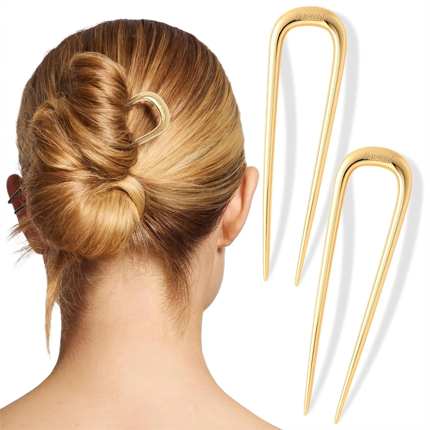 

French Hair Pins For Women - Elegant Durable Metal Hair Fork For Updos Chignon Buns Twist Hairstyles With Secure Hold Comfortable Fit Ideal Gifts For Women Gold 2pcs