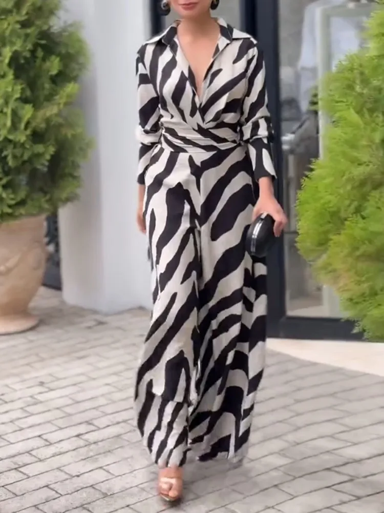 

UOOZEE 2025 New Zebra Printed Lapel Jumpsuits For Women Long Sleeves High Waisted Wide Leg Urban Casual Office Commute Overalls
