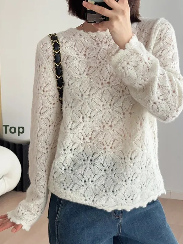 

Faionable Casual round Ne Knitted Sweater Women's Overhead Hollow out Crochet Spring Summer New Sle Sweet Soft Sle Top