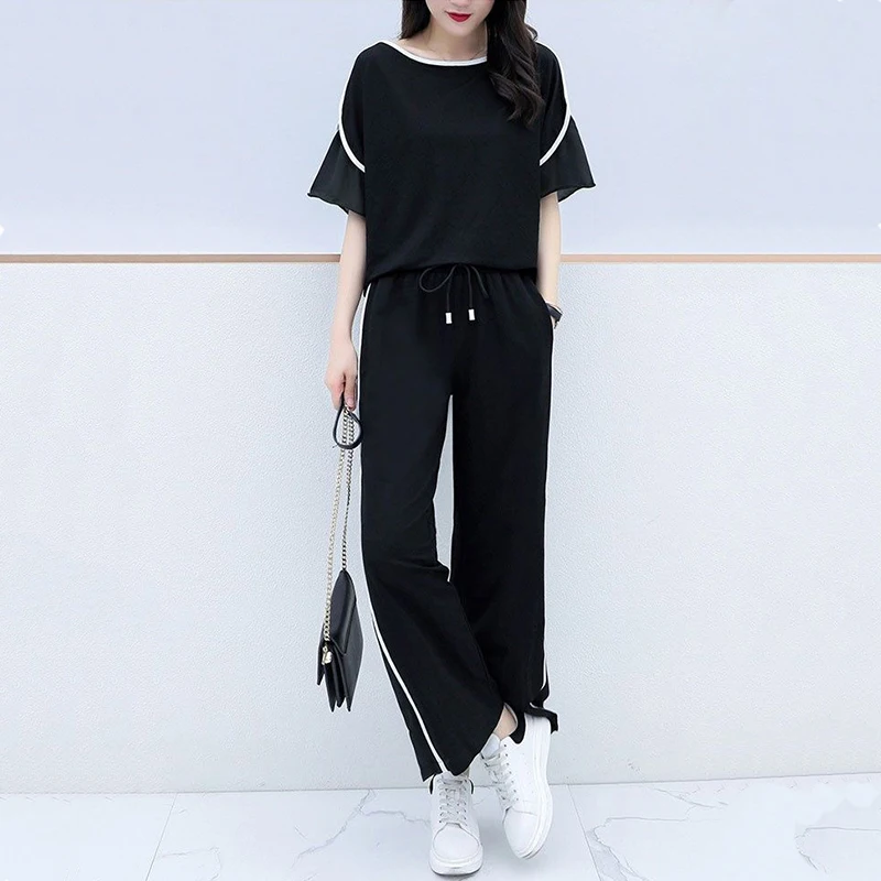 Summer New Large Suit Women\'s 2023 Korean Short-sleeved T-shirt Wide Leg Pants Two-piece Casual Suit Loose Sports Pants Set