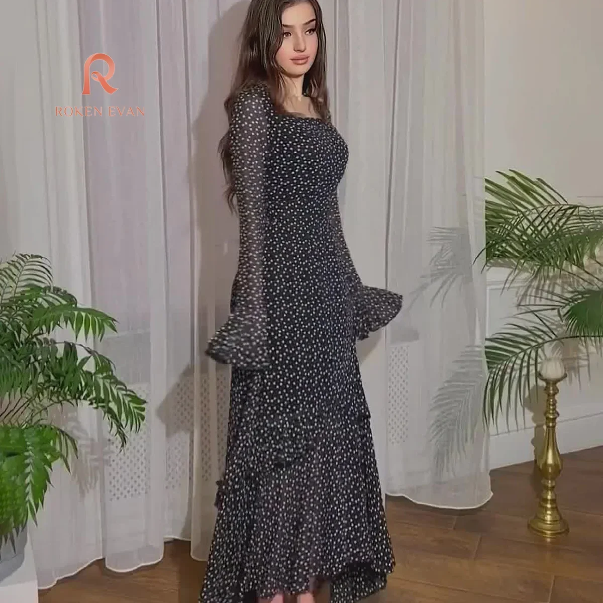 ROKEN EVAN 2024 Spring Autumn new chiffon polka dot lotus sleeve temperament long splicing irregular dress