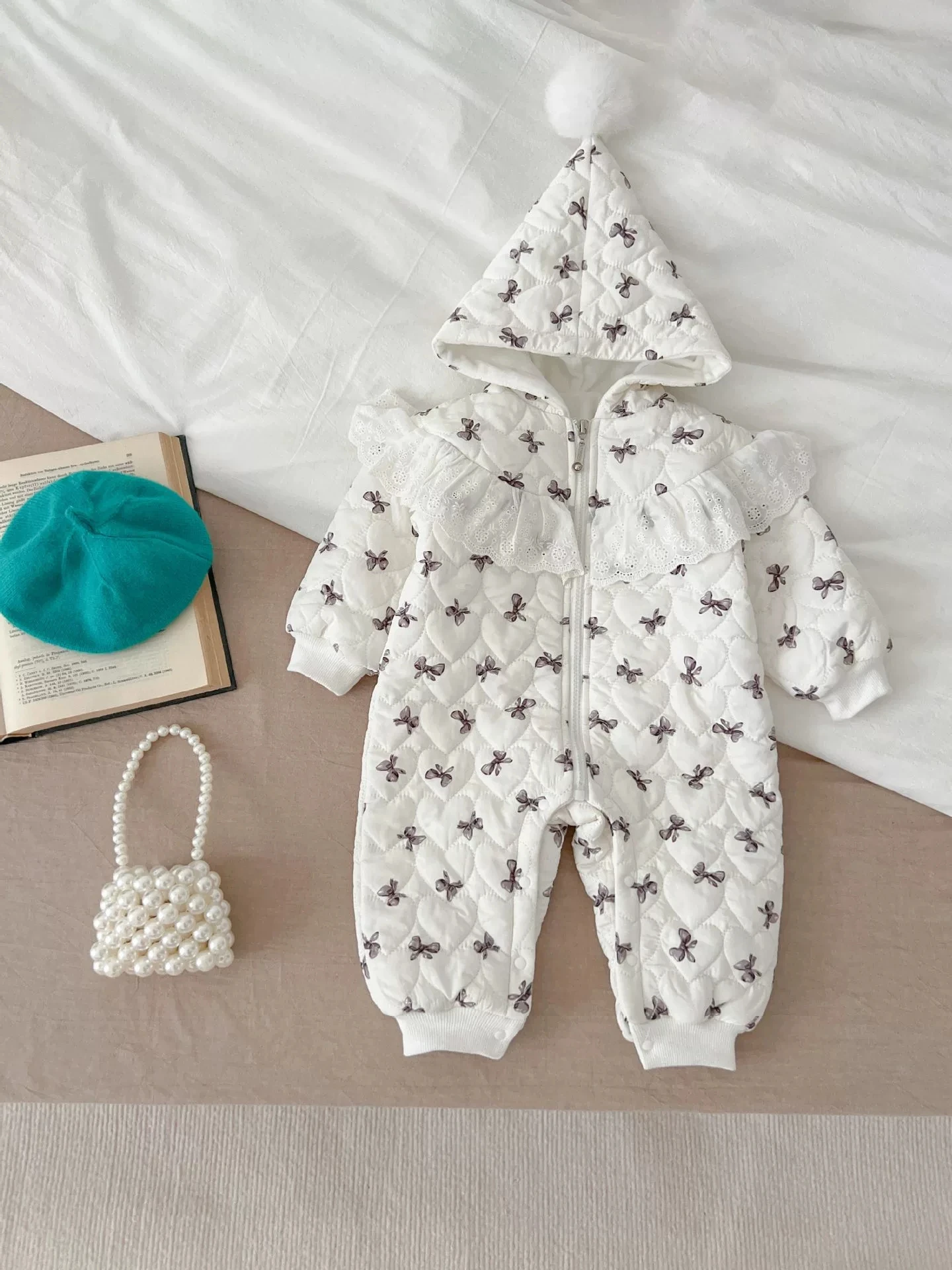 Baby Winter Romper Cotton Clothes for Infants and Young Children with Added Velvet Princess Floral Thickened Outdoor Jumpsuit