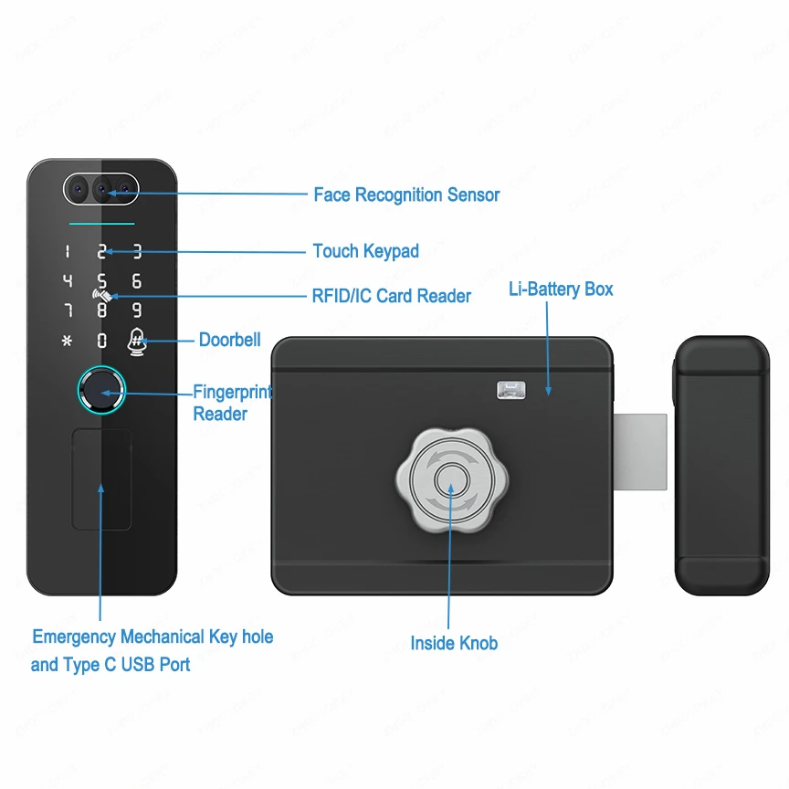 Tuya wifi smartlife 3d reconhecimento facial bloqueio inteligente à prova dwaterproof água impressão digital cartão ic senha recarregável li-bateria para portão/porta