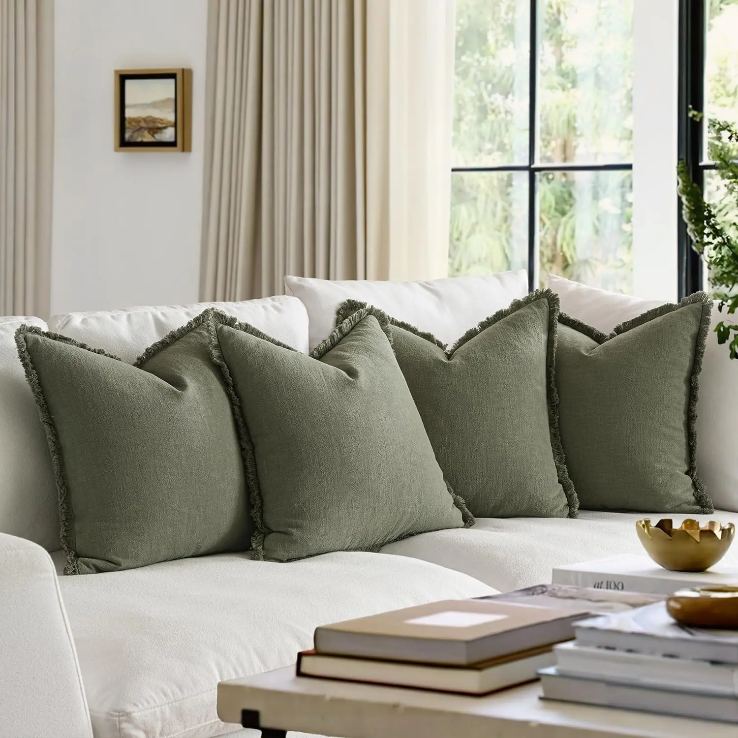 18x18 Inch Olive Green Decorative Couch Pillow Covers Linen Fringe Throw Pillows Boho Farmhouse Cushions Soft Accent Pillowcases