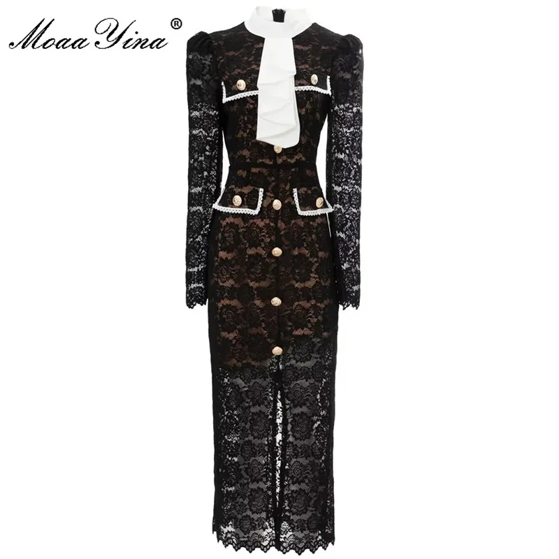 

MoaaYina Fashion Designer dress Spring Women Dress Long sleeve Lace Hook Flower Hollow Slim Black Vintage Party Pencil Dress