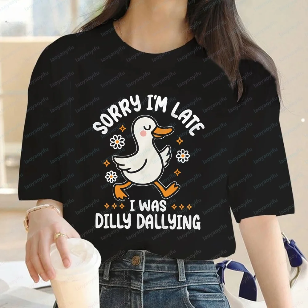 Funny Duck Dilly Dallying Sorry I Am Late Women's Unisex Humorous Street Style Casual Round-neck Comfortable T-shirt