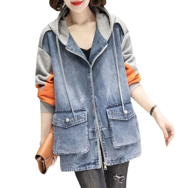 Hooded Denim Sweater Women's 2023 New Spring and Autumn Sewing Large Relaxed Casual Fashion Top