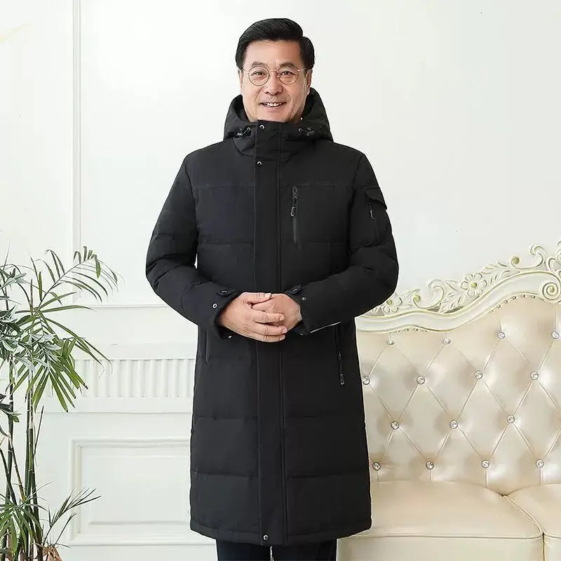 Jaket Musim Dingin Baru yang Tebal dan Hangat untuk Ayah Paruh Baya dan Lansia dengan Model Jaket Bulu Angsa Panjang Sedang yang Menjangkau Lutut