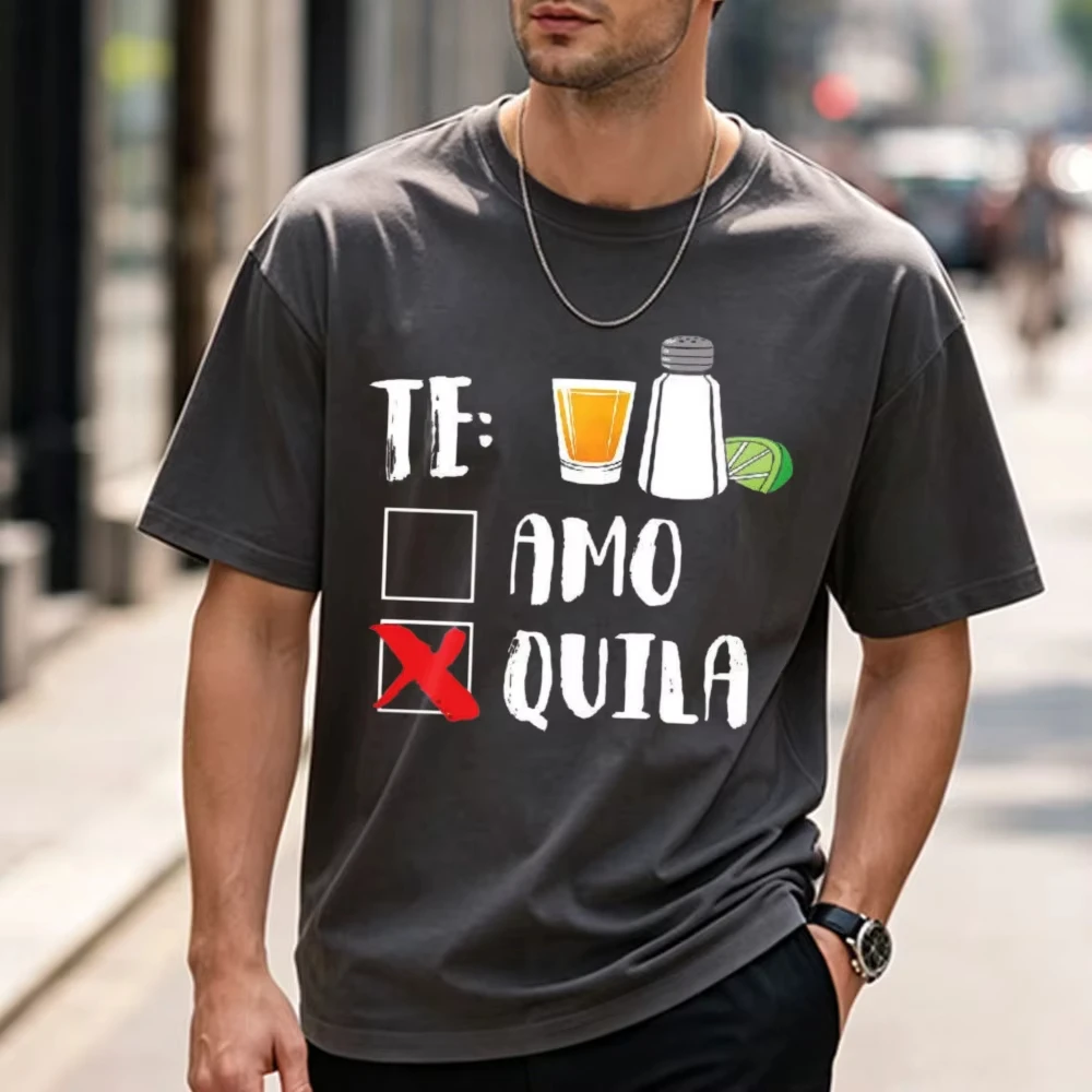 Te Amo Xquila with Drink and Lime Print Round Neck Short Sleeve T-Shirt Graphic T Shirts Men Clothing Streetwear Harajuku Tees
