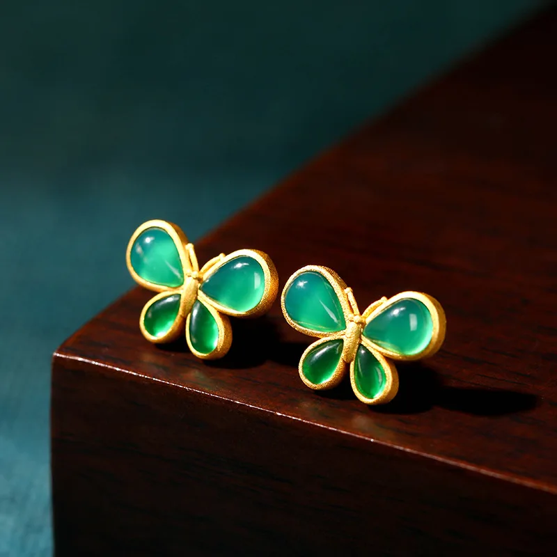 National Tide Wind Green Stud Earrings for Women Natural Chalcone Agate Butterfly Fashion Simple Everything Jewelry Accessories