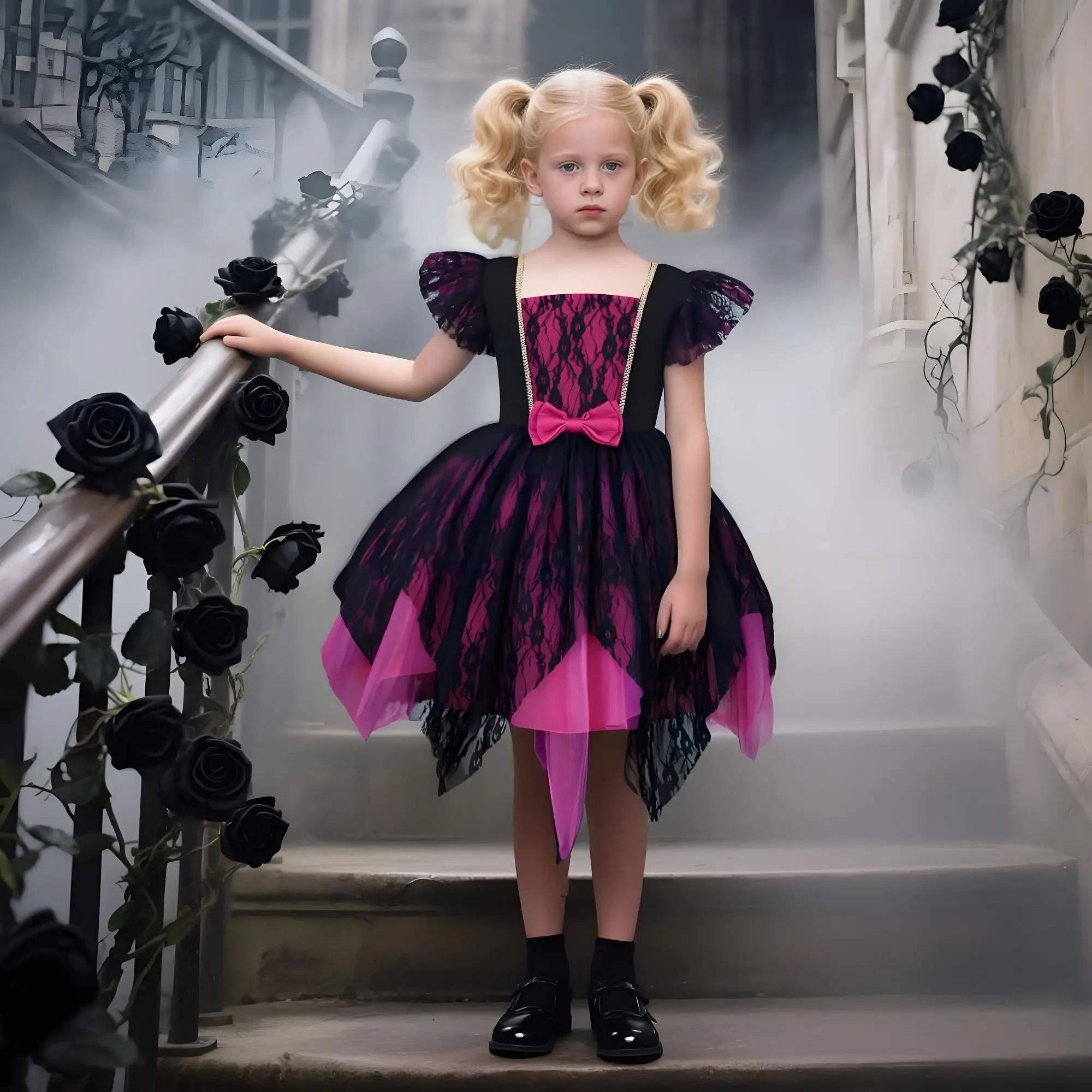 

Платье вампира на Хэллоуин для девочек, готические костюмы невесты-призрака, карнавальный наряд, черные, фиолетовые платья с сумкой, метла ведьмы