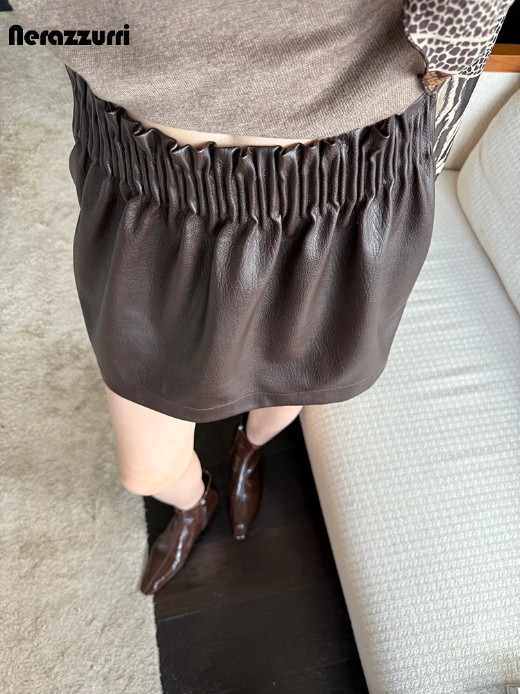 Nerazzurri Summer Autumn Soft Brown Shirring‌ Pu Leather Mini Skirt Women High Waist 2026 Short Chic Luxury Designer Clothes