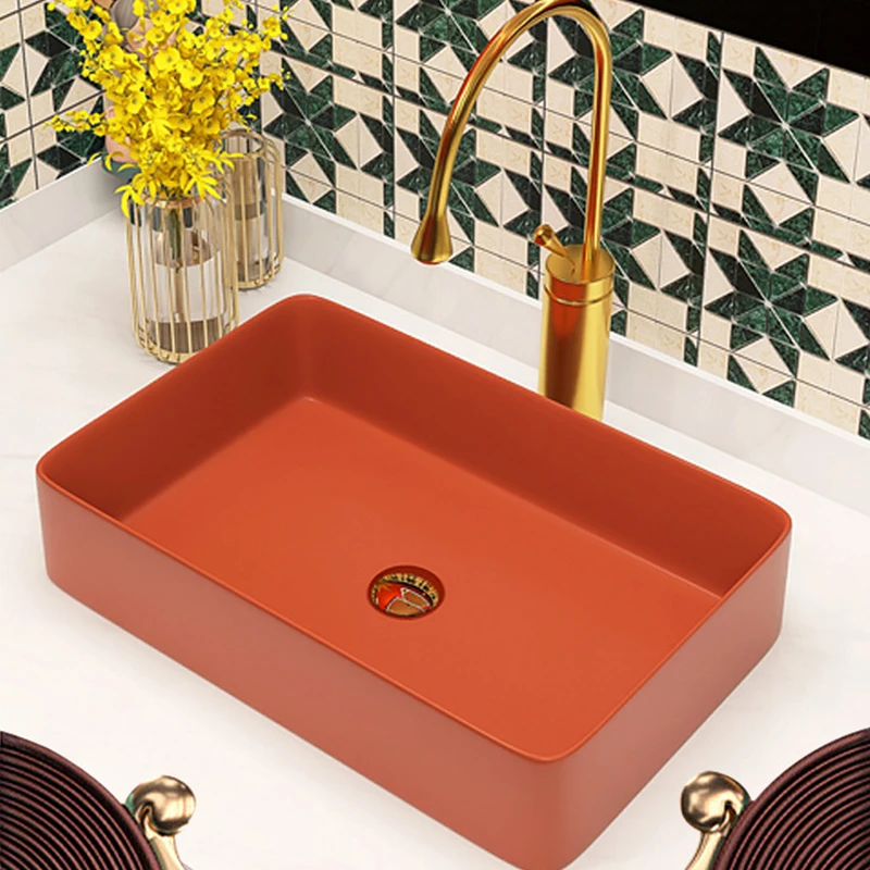 Light Luxury Ceramic Wash Basin Hotel Balcony Avocado Green Bathroom Sink Square Countertop Washbasin For Washroom With Drainer