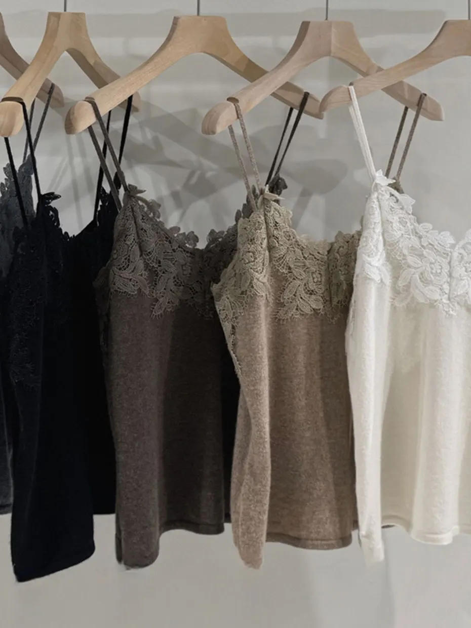 Elegant Lace V-Neck Knitted Tank Top Women's Outerwear Spring Autumn Slim Fit Suit Inner Match Hook Flower 3D Knitting