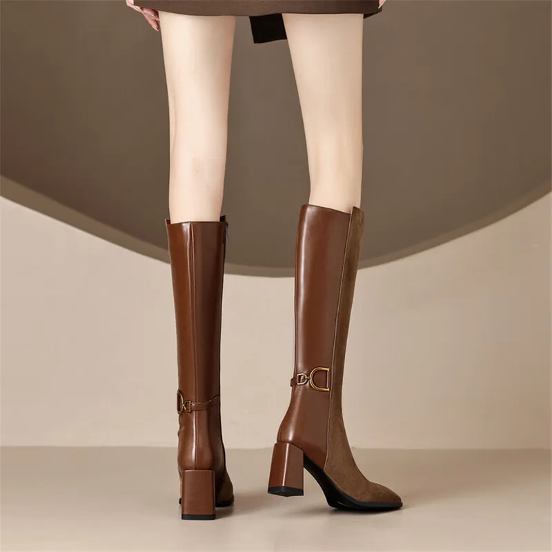 Knee-High Boots Women Autumn Winter Shoes Cow Suede Square Toe Women Boots Chunky Heel Boots for Women High Heel Knight Boots