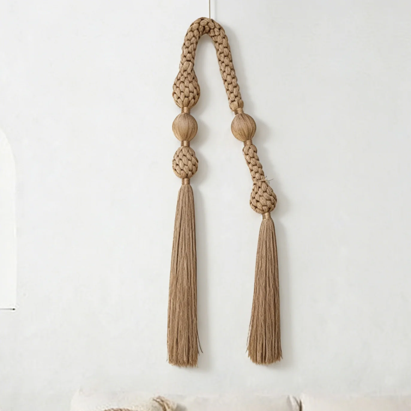 

Wabi Sabi Jute Macrame Wall Hanging, Handmade Braided Tassel Wall Art Neutral Boho Home Decor for Minimalist Living Spaces