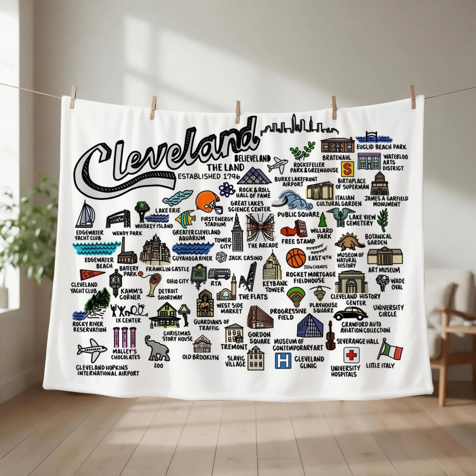 Cleveland Ohio Map Art Throw Blanket couch cozy soft plush fuzzy picnic outdoor blanket