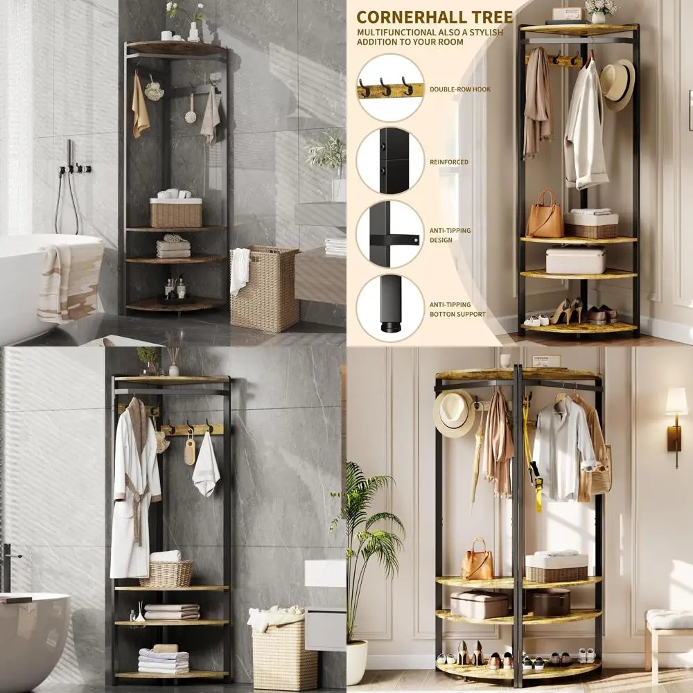 

Corner Hall Tree with Shoe Storage, 6 Hooks, and Shelf, Rustic Brown Entryway Organizer