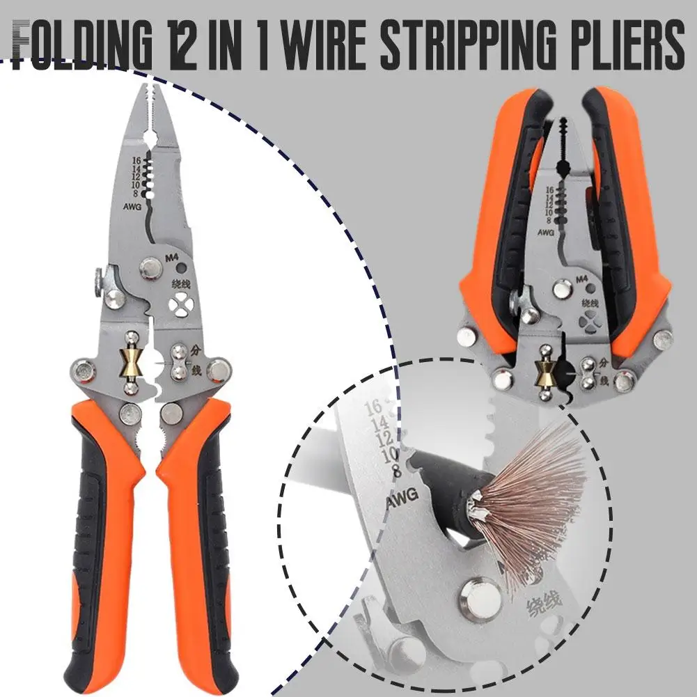 12 In 1 Multifunctional Wire Stripper Crimper Cable Cutter Pliers, Upgraded Foldable Electrical Wire Stripping Tool For Cut A3V4