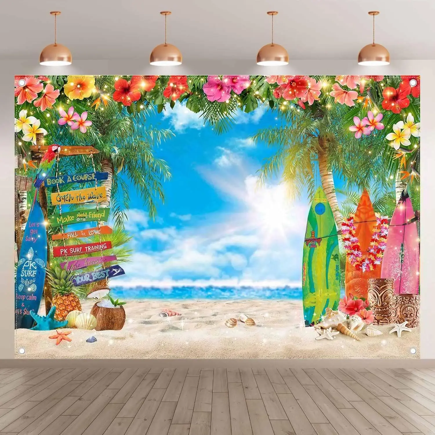 Sommer Hawaiian Strand Fotografie Hintergrund Tropische Blume Palmblätter Hintergrund für Luau Aloha Party Dekoration