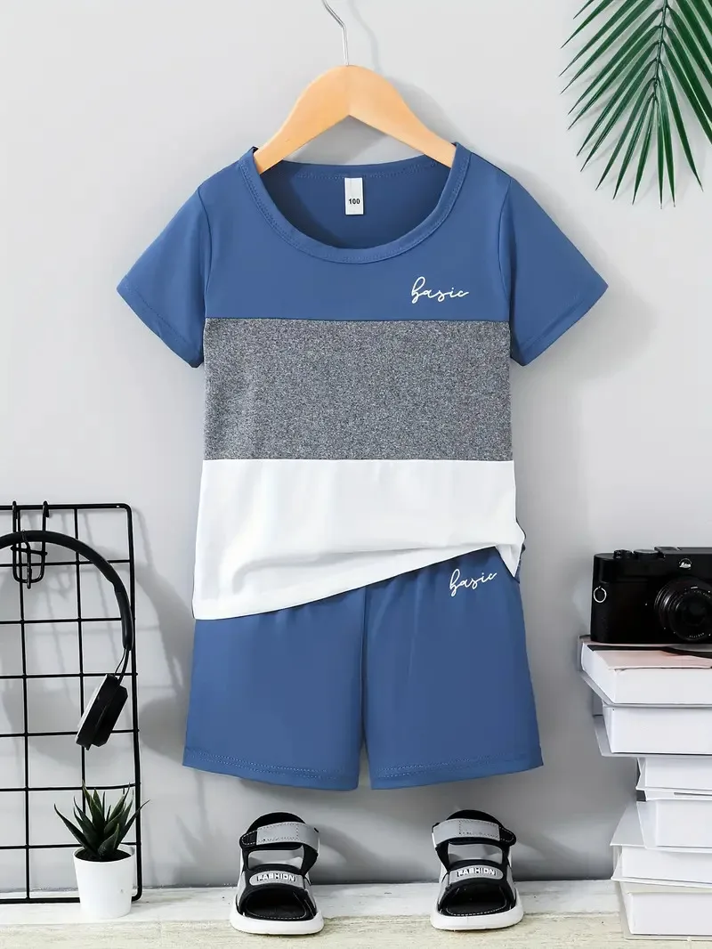 Summer children\'s boys clothes color matching T-shirts and shorts 2-piece set baby girls short-sleeved tops and bottoms