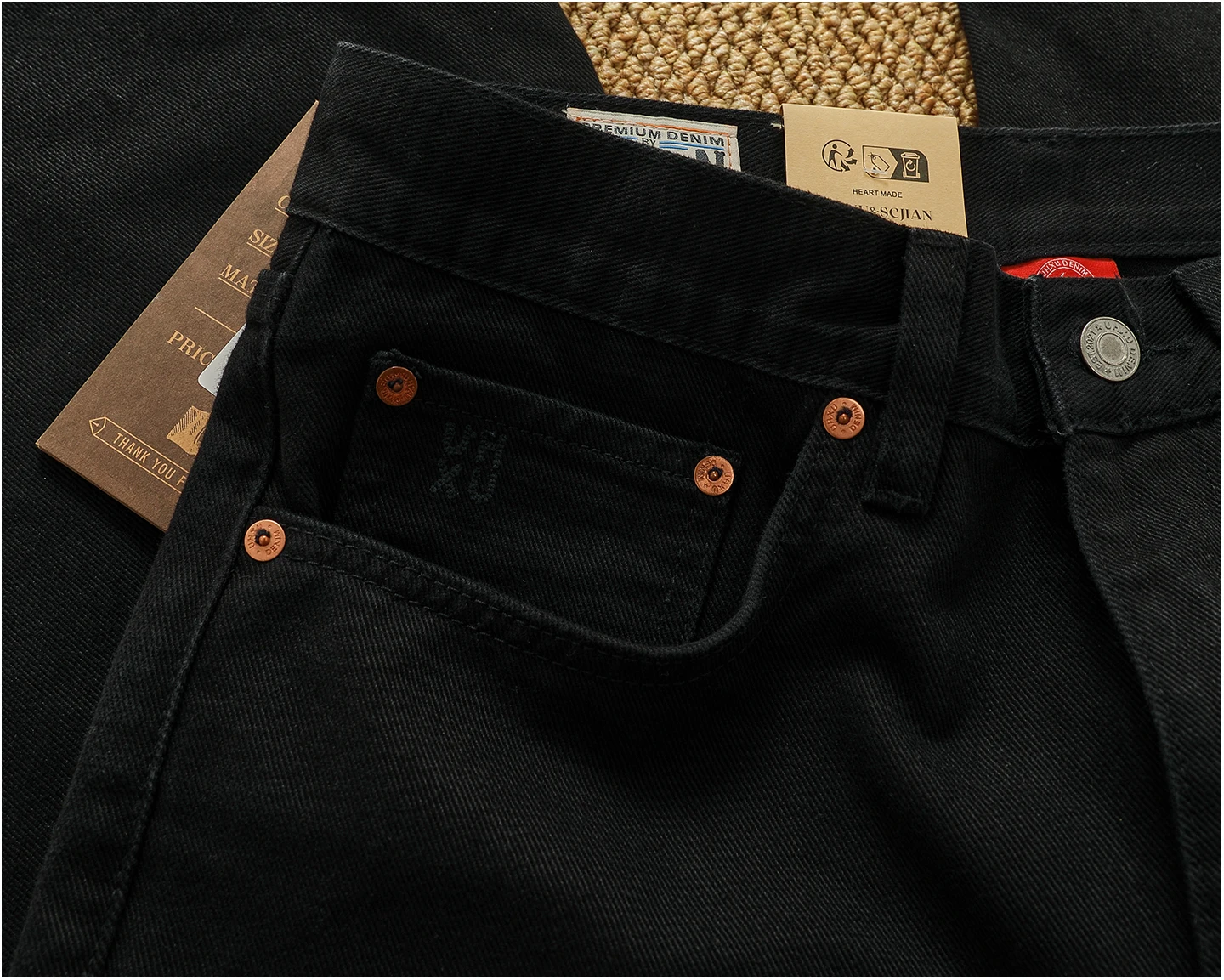 بنطال جينز أمريكي عتيق ذو ساق مستقيمة من قماش الدنيم باللون الأسود الفاخر للرجال - سروال مناسب مريح ثقيل الوزن لخريف/شتاء