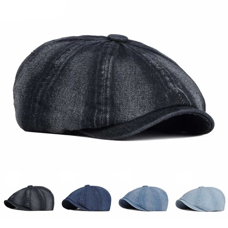 

Washed denim fabric Berets Men's Autumn Fashion Newsboy Caps Retro Male Artist Flat Visor Peaked Hat Men Spring Casual Boina