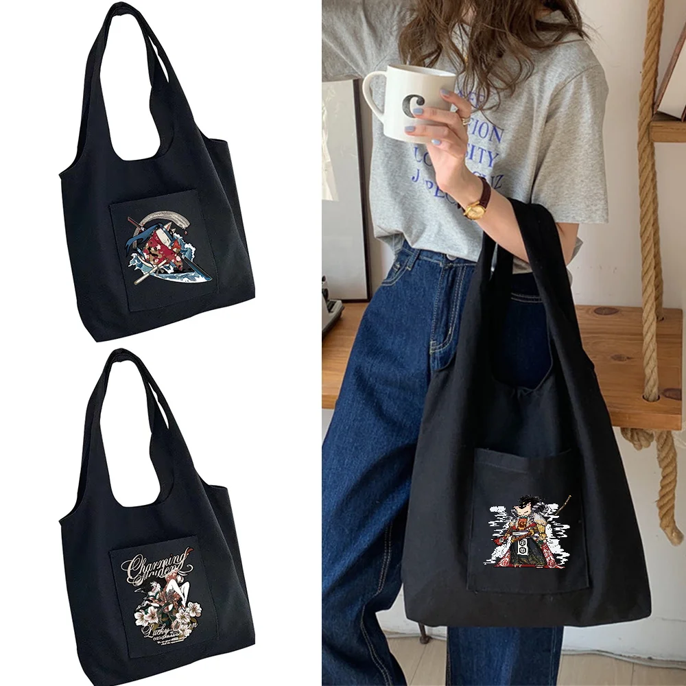 

Ladies Shopping Bags Canvas Commuter Shopping Vest Bag Cotton Samurai Tote Bag Bolsas Groceries Black Eco Tote Bags