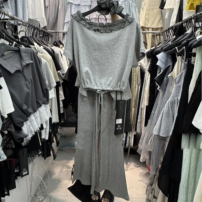 2025年夏 ファンガスエッジ ドローストリング ウエストシンチング 半袖トップス＋ファートカーテン ワイドレッグ カジュアルパンツ おしゃれセット パンツセット