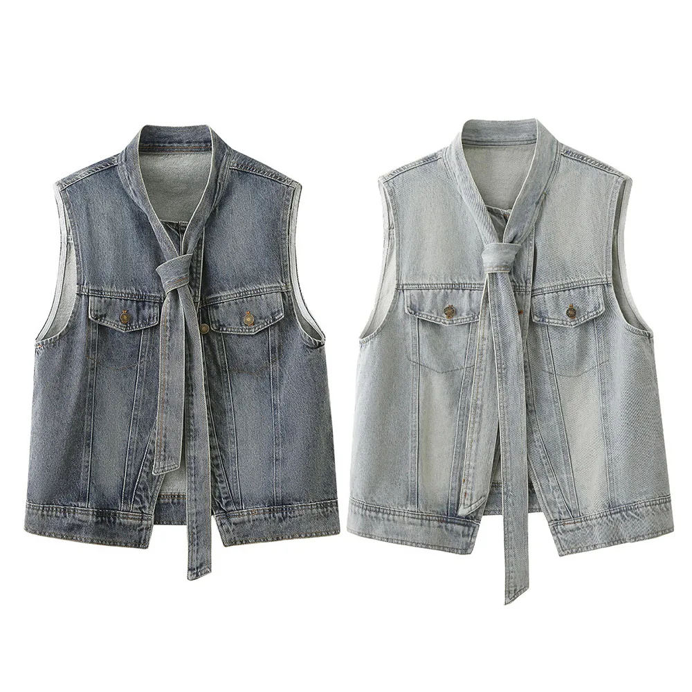 

Lace Up Design Denim Sleeveless Vest Coat Round Neck Loose Fit Top Spring Summer Denim Cropped Vest Womens Clothing Casual