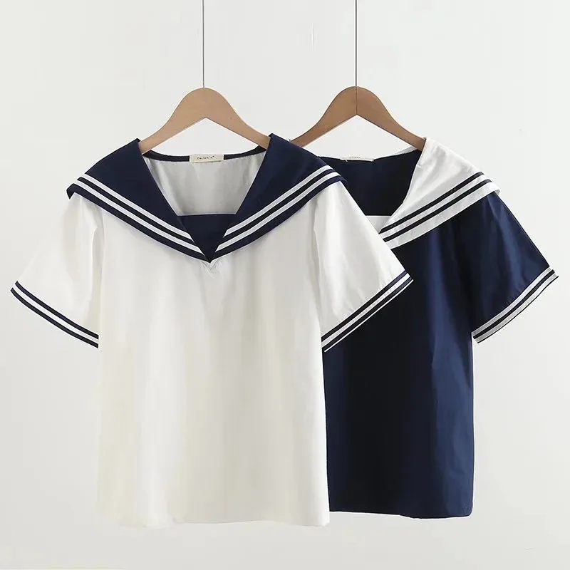 Japanese school uniform mori girls summer Japan style kawaii sailor collar short sleeve white navy collar shirts and blouses