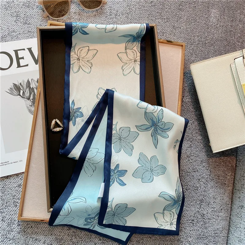 Узкий атласный шелковый шарф с принтом для женщин, 15*145 см, ленты для волос, галстук на шею, пояс, повязка на голову, женские накидки, платок, головной платок, бандана