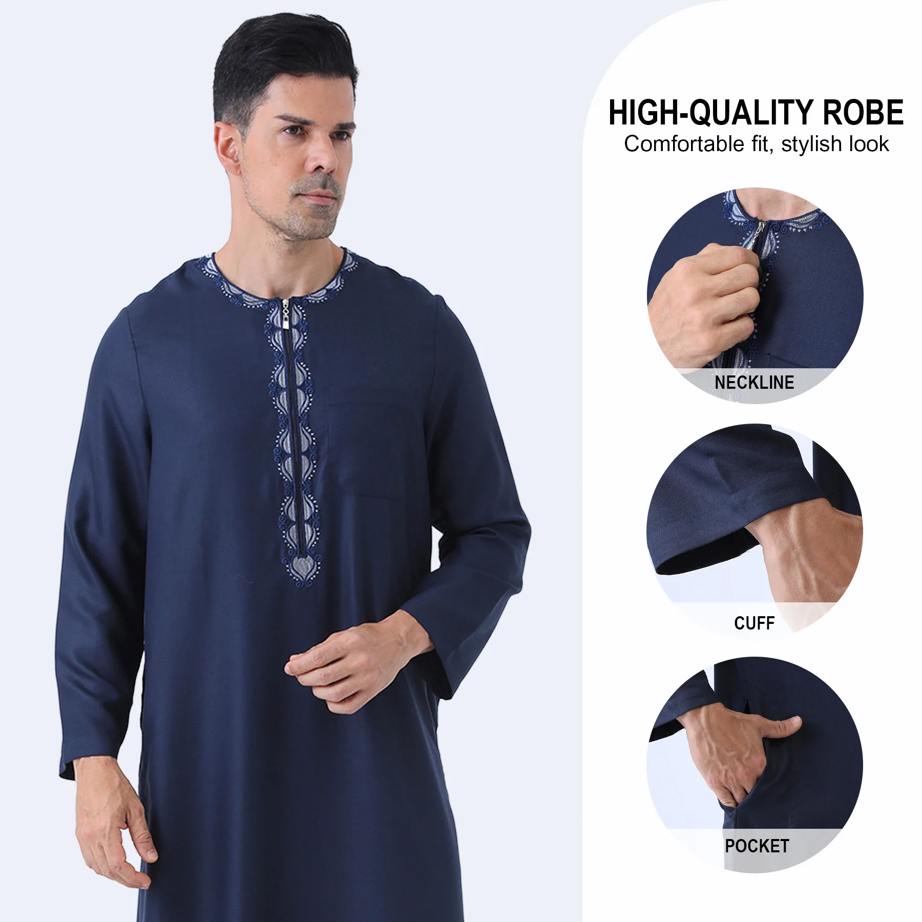 

Modest Muslim Men Robe Embroidered Zipper Jubba Thobe Saudi Arabic Thoub Islam Clothing Daffah Dishdasha Kaftan Gown Abaya Dress