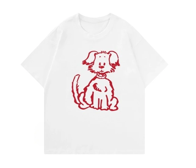 

2025 Fashion 100% Pure Cotton unisex T-shirt with Red Cartoon Dog Pattern Printed Casual Short Sleeve T-shirt