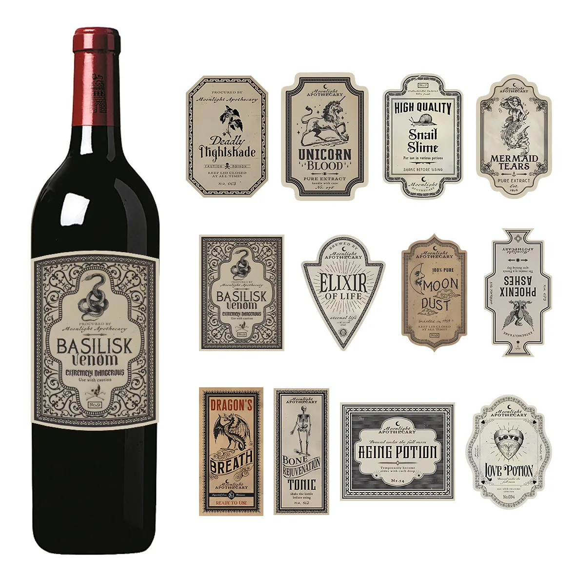 12pcs Vintage Halloween Apothecary Bottle Labels-Gothic Style Potion Sticker,For Wine,Jar,Diy Crafts,Halloween Party Decoration