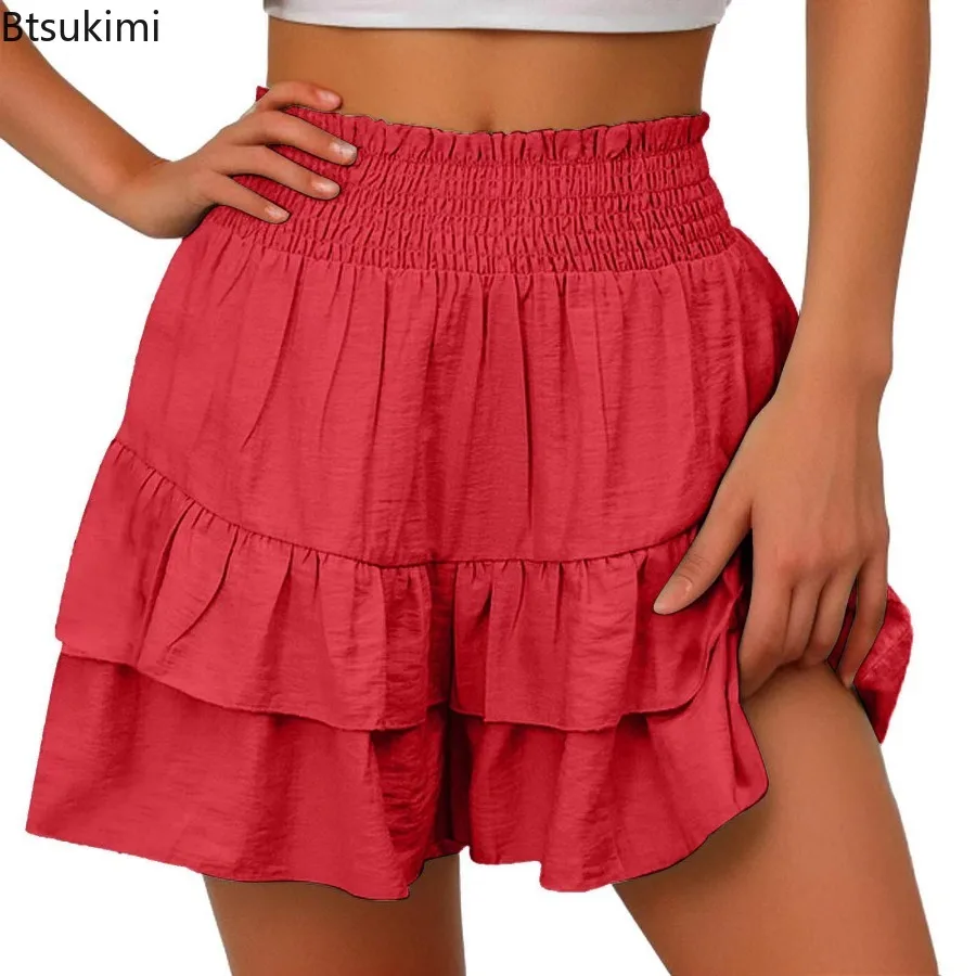 Fashion New Ruffle Hem Solid Mini Skirt Women's Pleated Layered Design Culottes Vacation Style Boho Sexy Sweety Shorts for Women