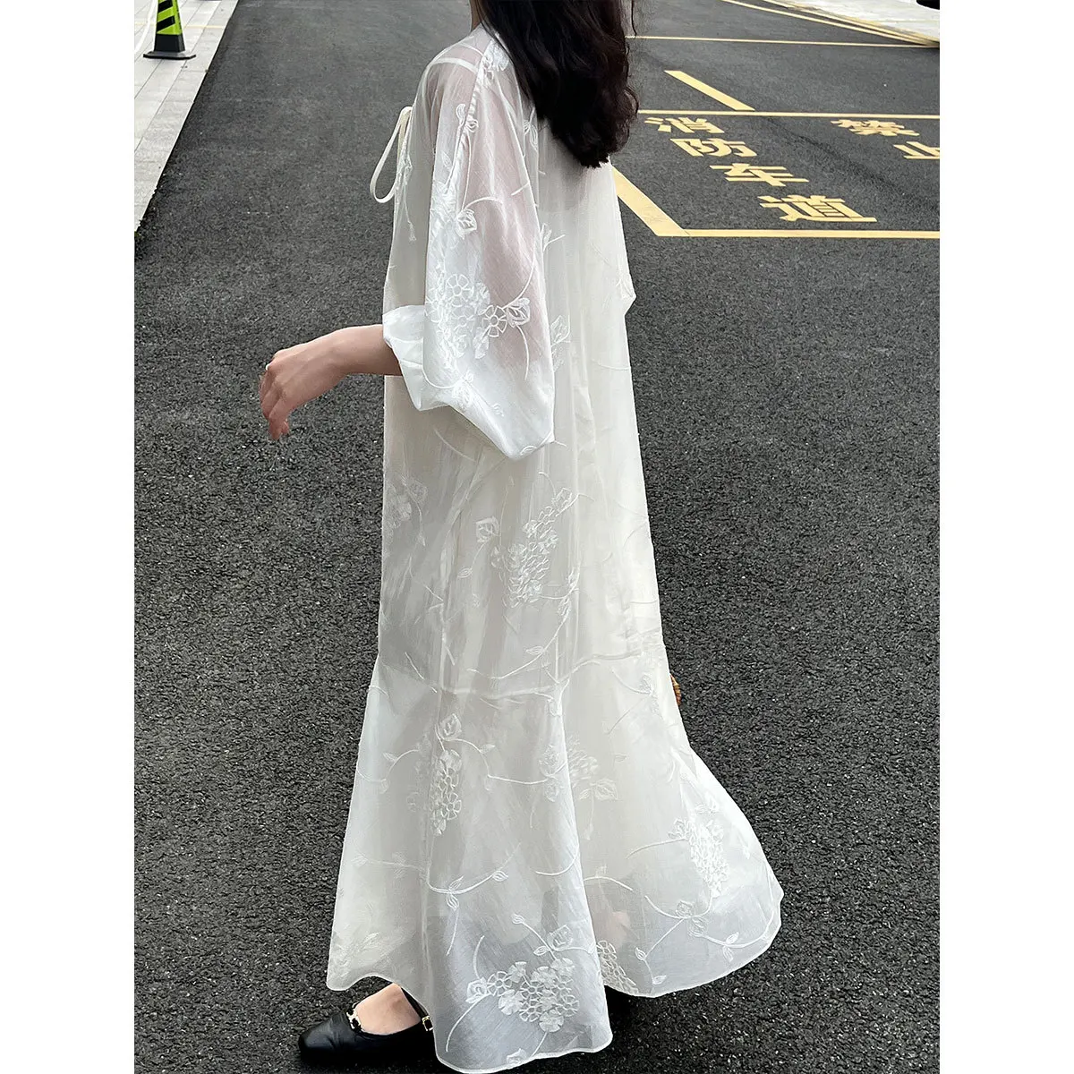 2025 verão floral bordado rayon vestido 2 peças conjunto- boho decote em v em camadas chiffon maxi renda manga vestido de férias 3631