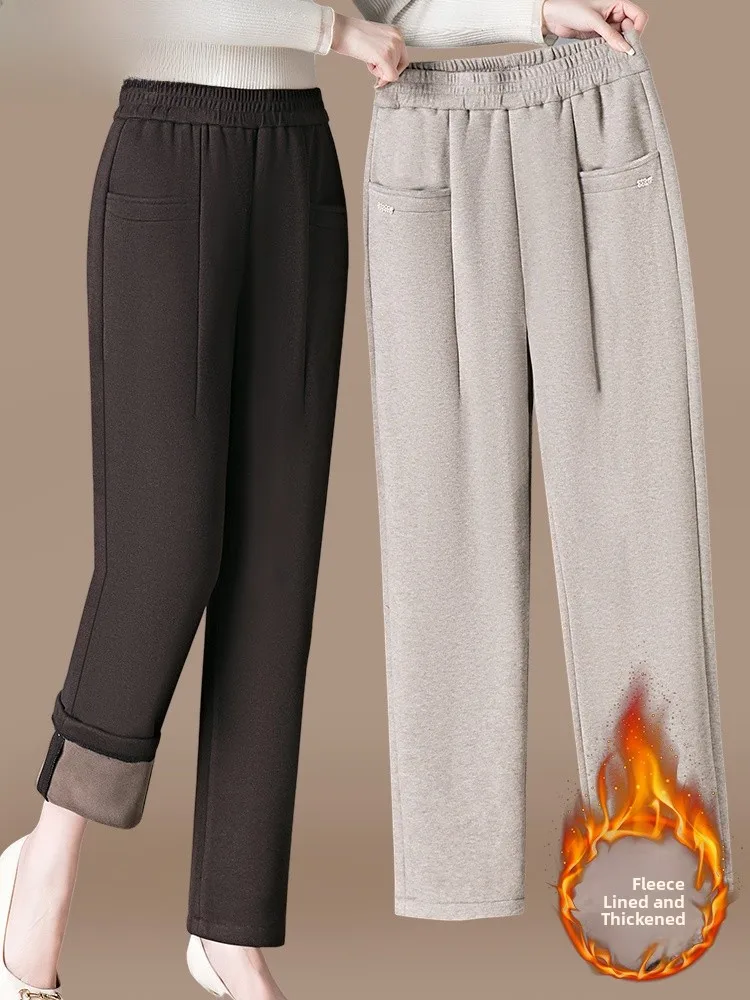 

Утепленные флисовые повседневные брюки для мам, осенне-зимние, новые, с высокой талией, женские длинные брюки, теплые, модные, больших размеров