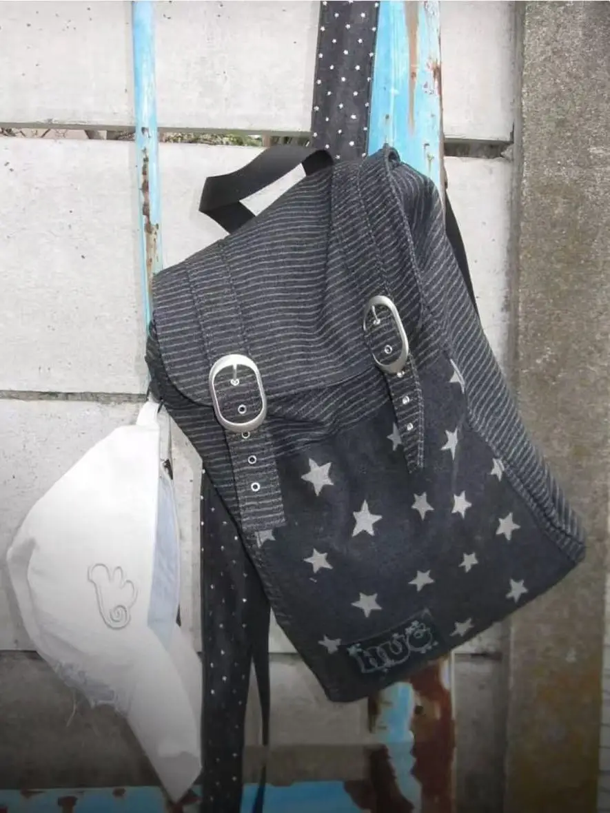 허지어스킨 2025년 봄 Y2K 물방울무늬 스트라이프 별무늬 데님 여성 백팩 책가방 숄더백 소프트 출퇴근 스타일 폴리에스터 안감