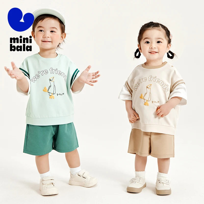 Mini Bala Short Sleeve Set Unisex Children 2024 Summer Moisture-Wicking Quick-Dry Sporty Fake Two-Piece Set